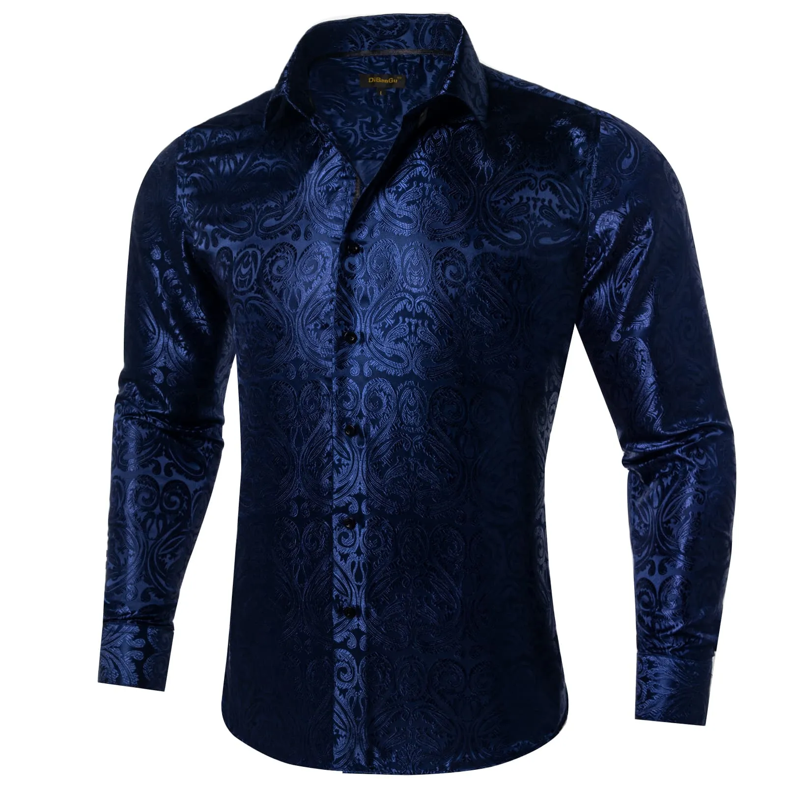 DiBanGu Shirt for Men Oxford Blue Paisley Long Sleeve Silk Button Up Shirt Top