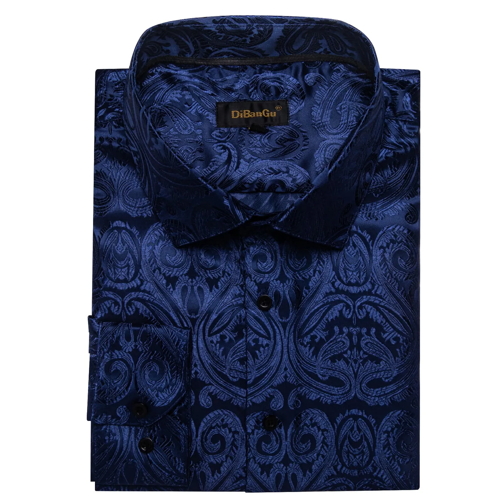 DiBanGu Shirt for Men Oxford Blue Paisley Long Sleeve Silk Button Up Shirt Top