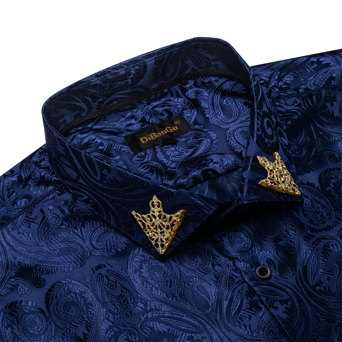 DiBanGu Shirt for Men Oxford Blue Paisley Long Sleeve Silk Button Up Shirt Top