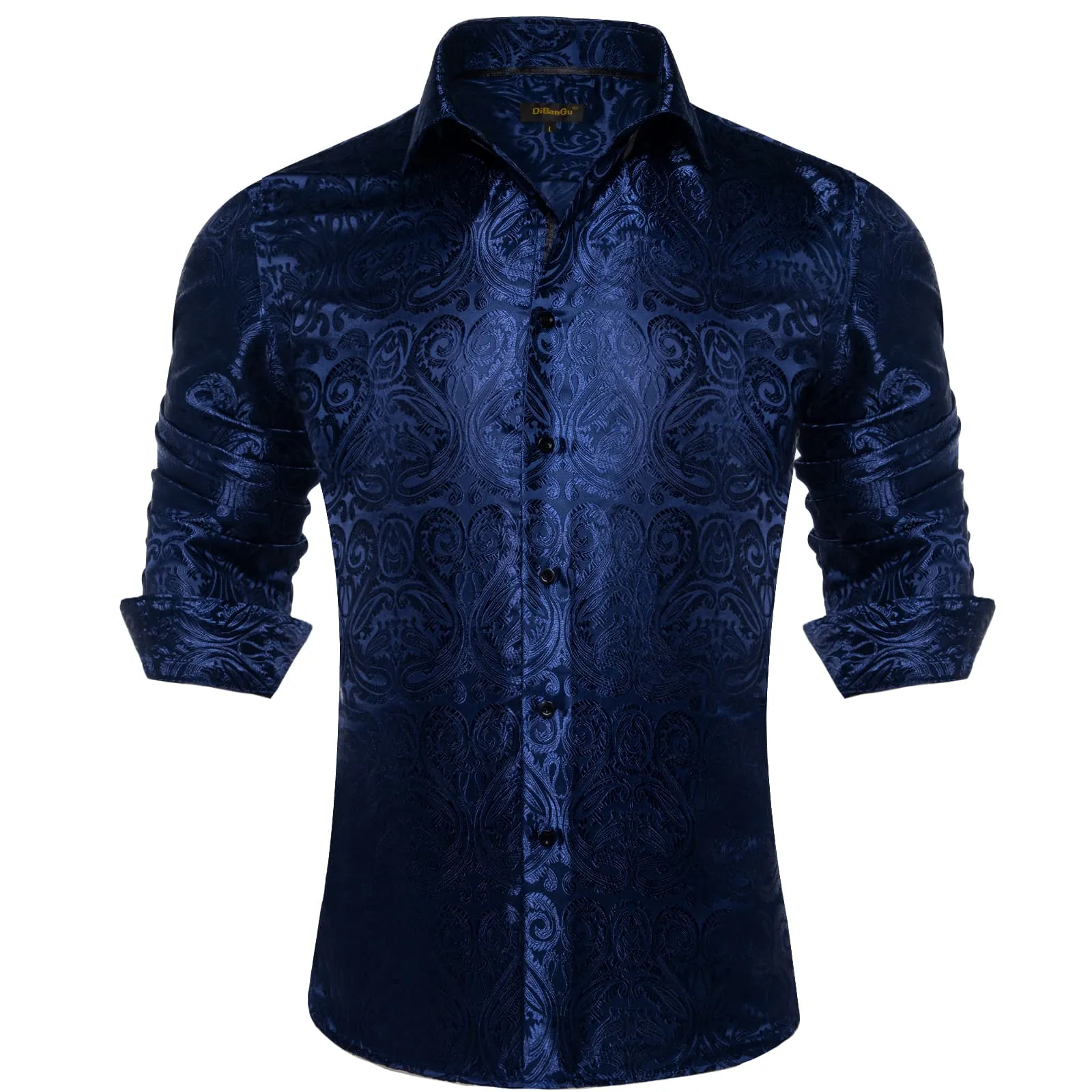 DiBanGu Shirt for Men Oxford Blue Paisley Long Sleeve Silk Button Up Shirt Top