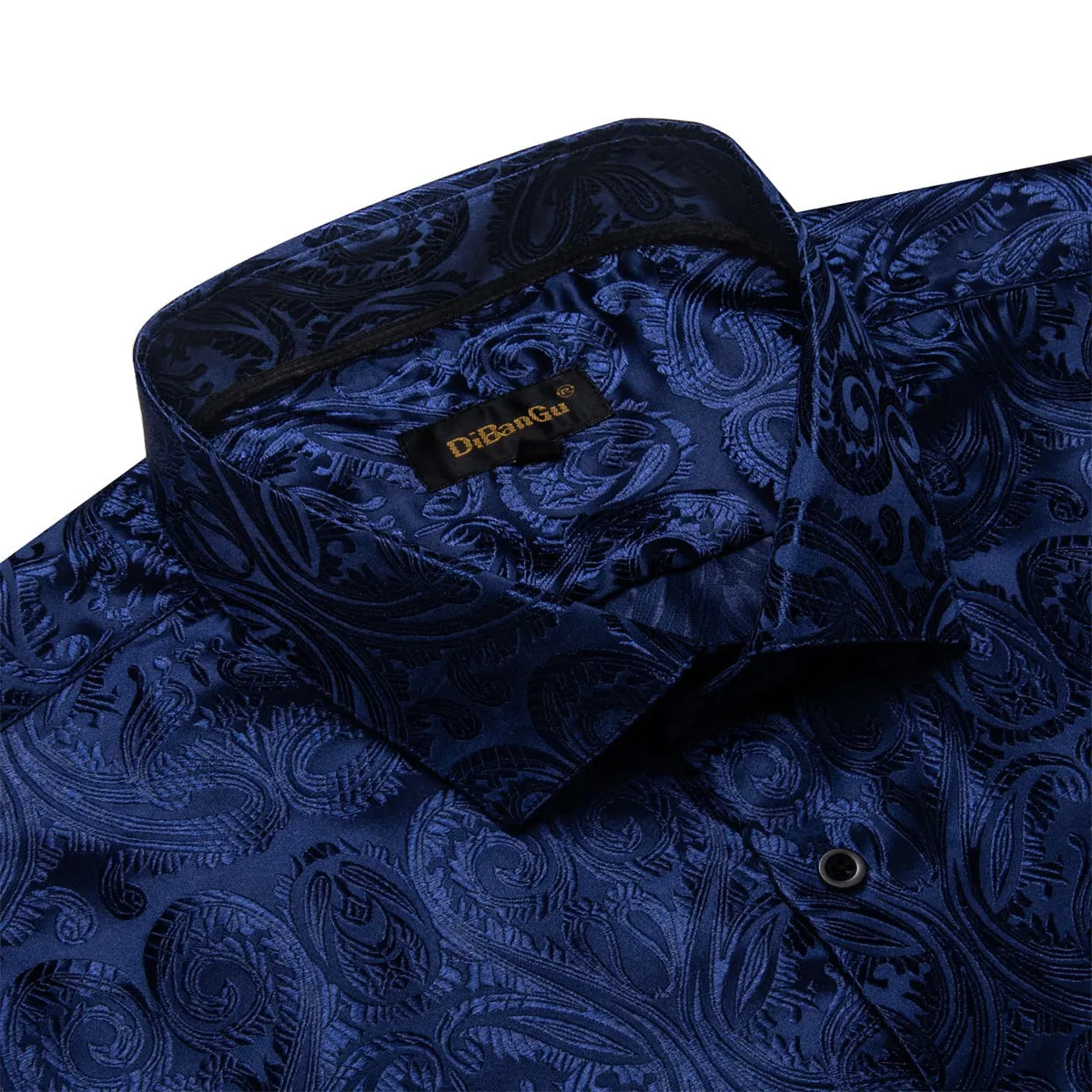 DiBanGu Shirt for Men Oxford Blue Paisley Long Sleeve Silk Button Up Shirt Top