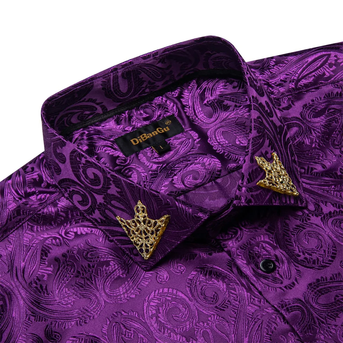 DiBanGu Shirt for Men Palatinate Purple Paisley Silk Button Up Long Sleeve Shirt