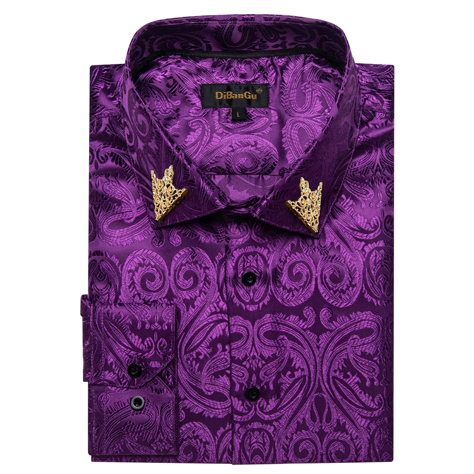 DiBanGu Shirt for Men Palatinate Purple Paisley Silk Button Up Long Sleeve Shirt