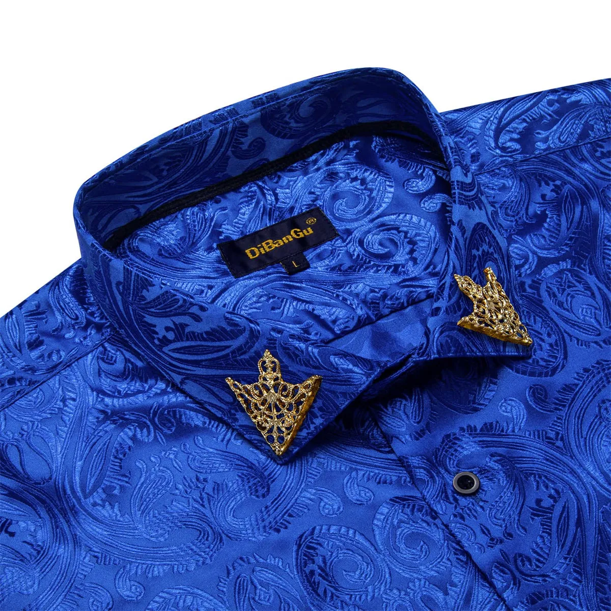 DiBanGu Shirt for Men Violet Blue Paisley Long Sleeve Silk Button Shirt