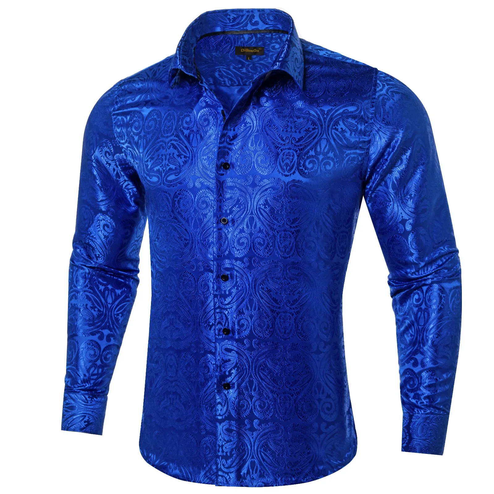 DiBanGu Shirt for Men Violet Blue Paisley Long Sleeve Silk Button Shirt