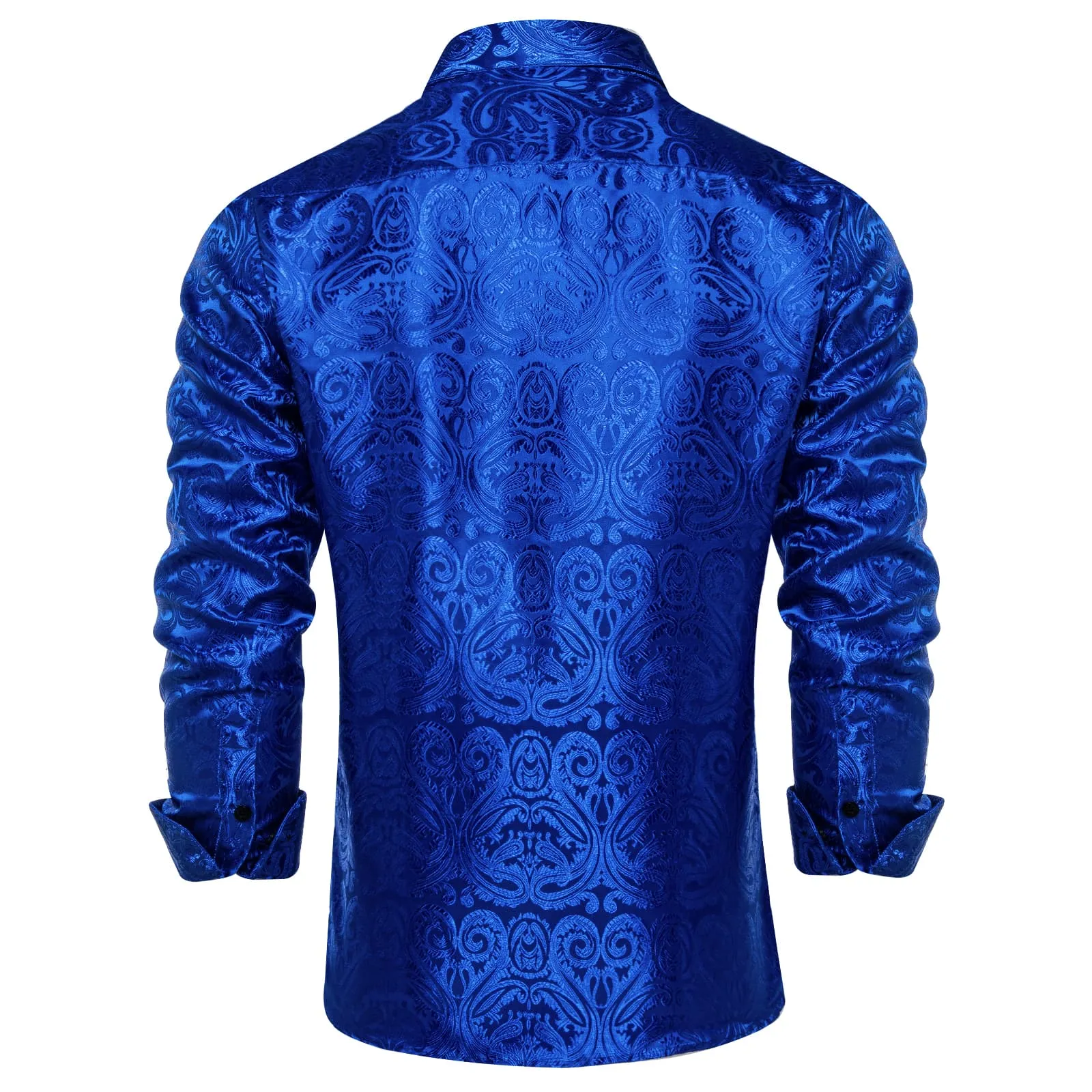 DiBanGu Shirt for Men Violet Blue Paisley Long Sleeve Silk Button Shirt