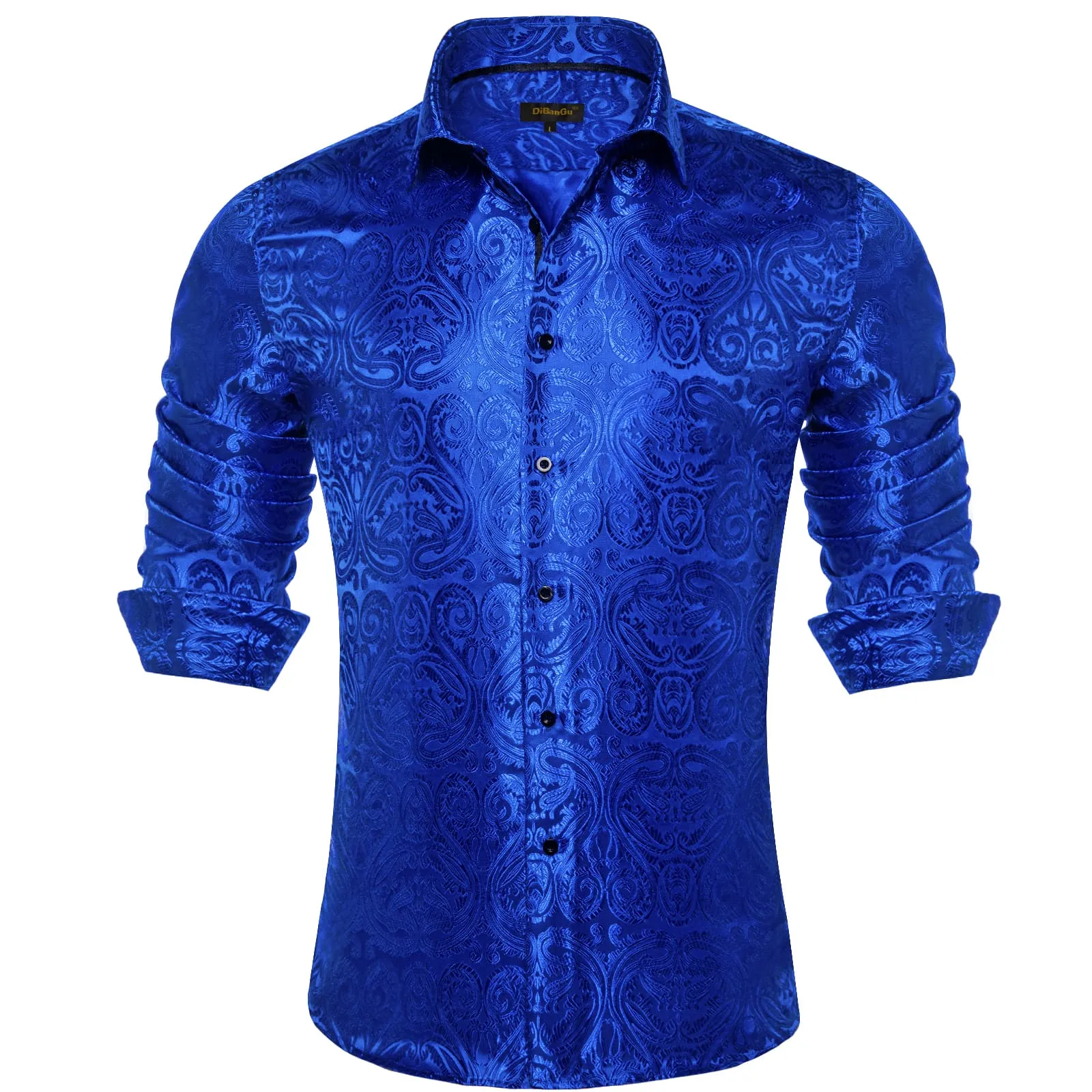 DiBanGu Shirt for Men Violet Blue Paisley Long Sleeve Silk Button Shirt