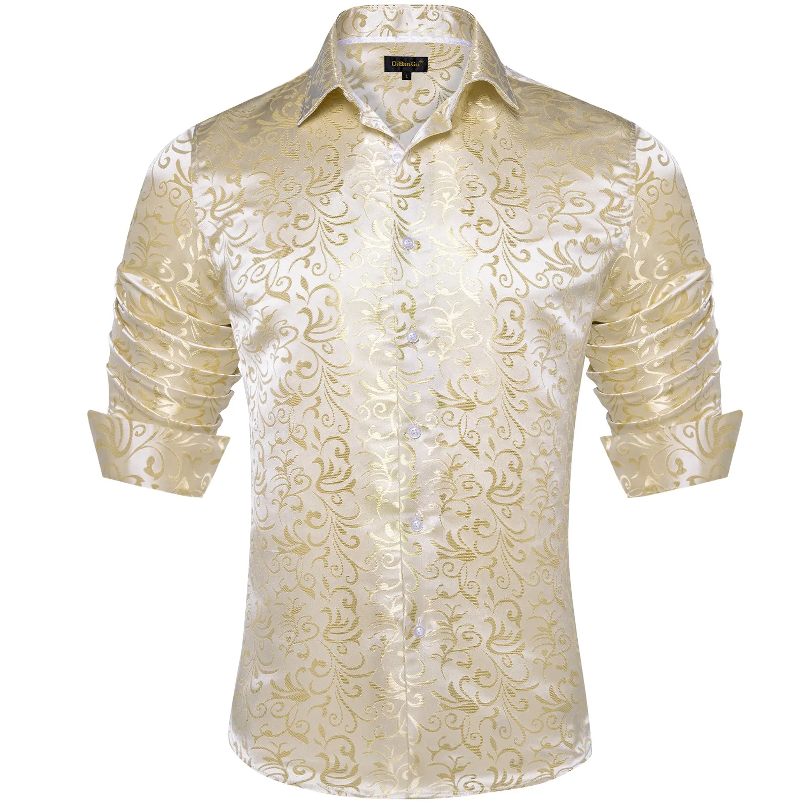 DiBanGu Shirts for Men Champagne Gold Floral Silk Men's Long Sleeve Shirt