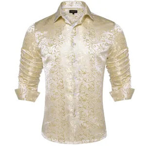 DiBanGu Shirts for Men Champagne Gold Floral Silk Men's Long Sleeve Shirt