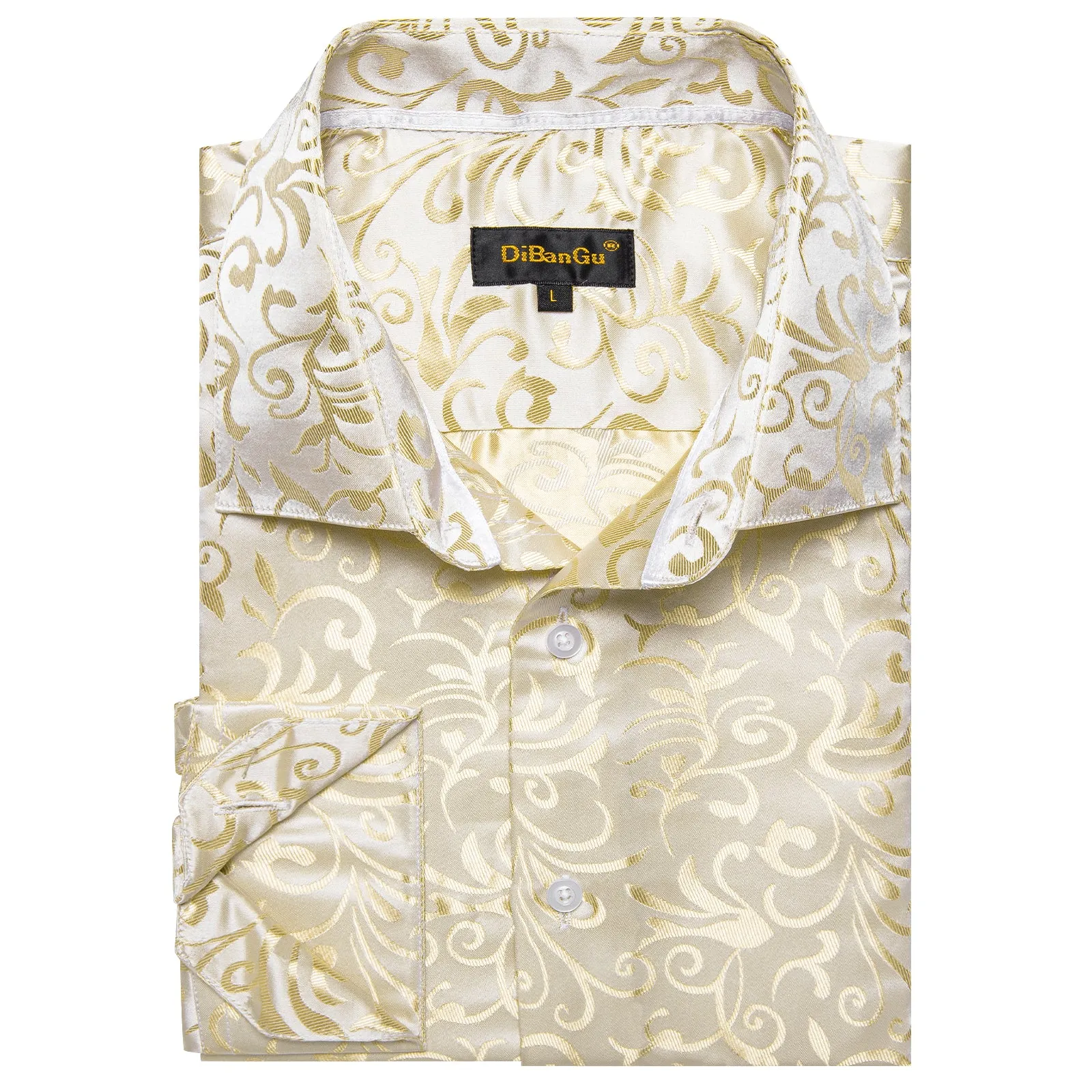 DiBanGu Shirts for Men Champagne Gold Floral Silk Men's Long Sleeve Shirt