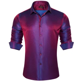 DiBanGu Tuxedo Shirt Blue Red Geometric Silk Button Up Men's Long Sleeve Dress Shirt