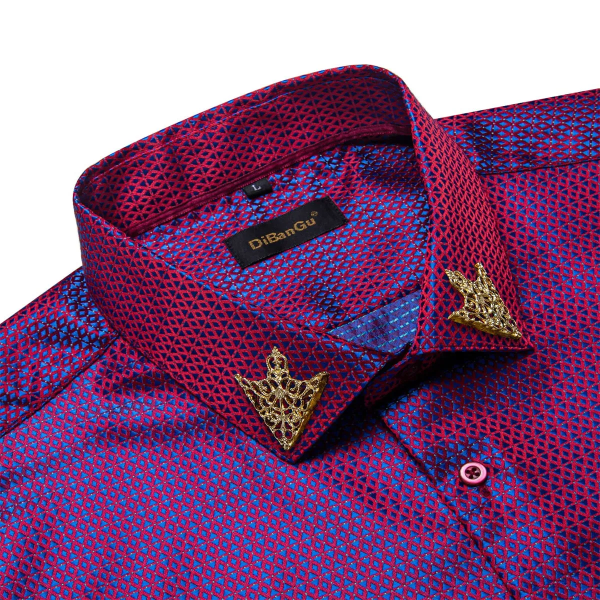 DiBanGu Tuxedo Shirt Blue Red Geometric Silk Button Up Men's Long Sleeve Dress Shirt