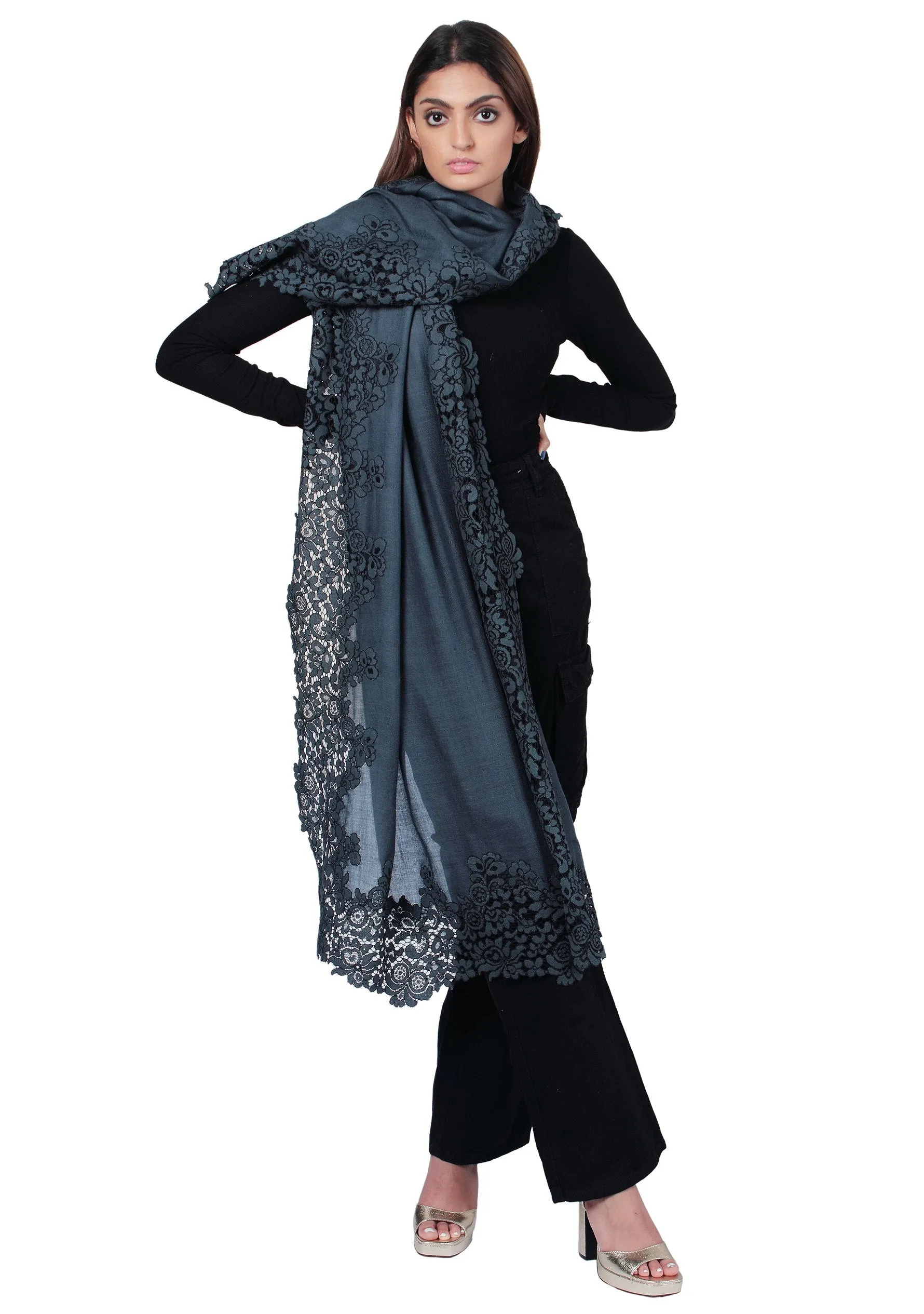 Dk. Grey Wool & Silk Scarf with a Dk. Grey Black Corded Lace Border