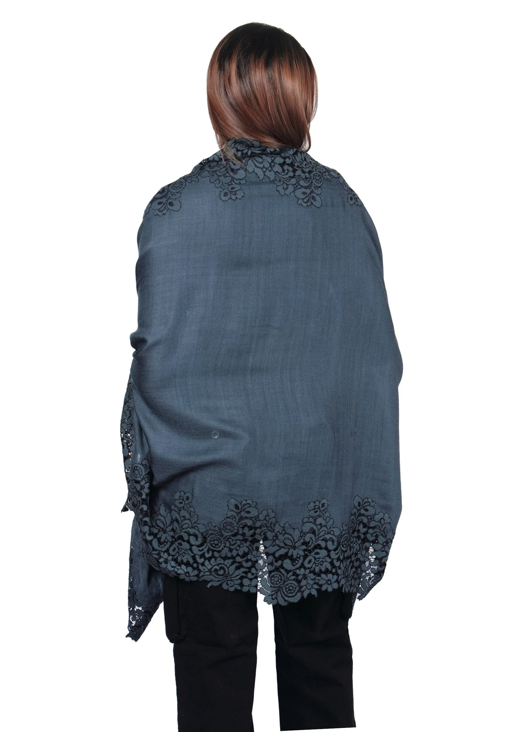 Dk. Grey Wool & Silk Scarf with a Dk. Grey Black Corded Lace Border