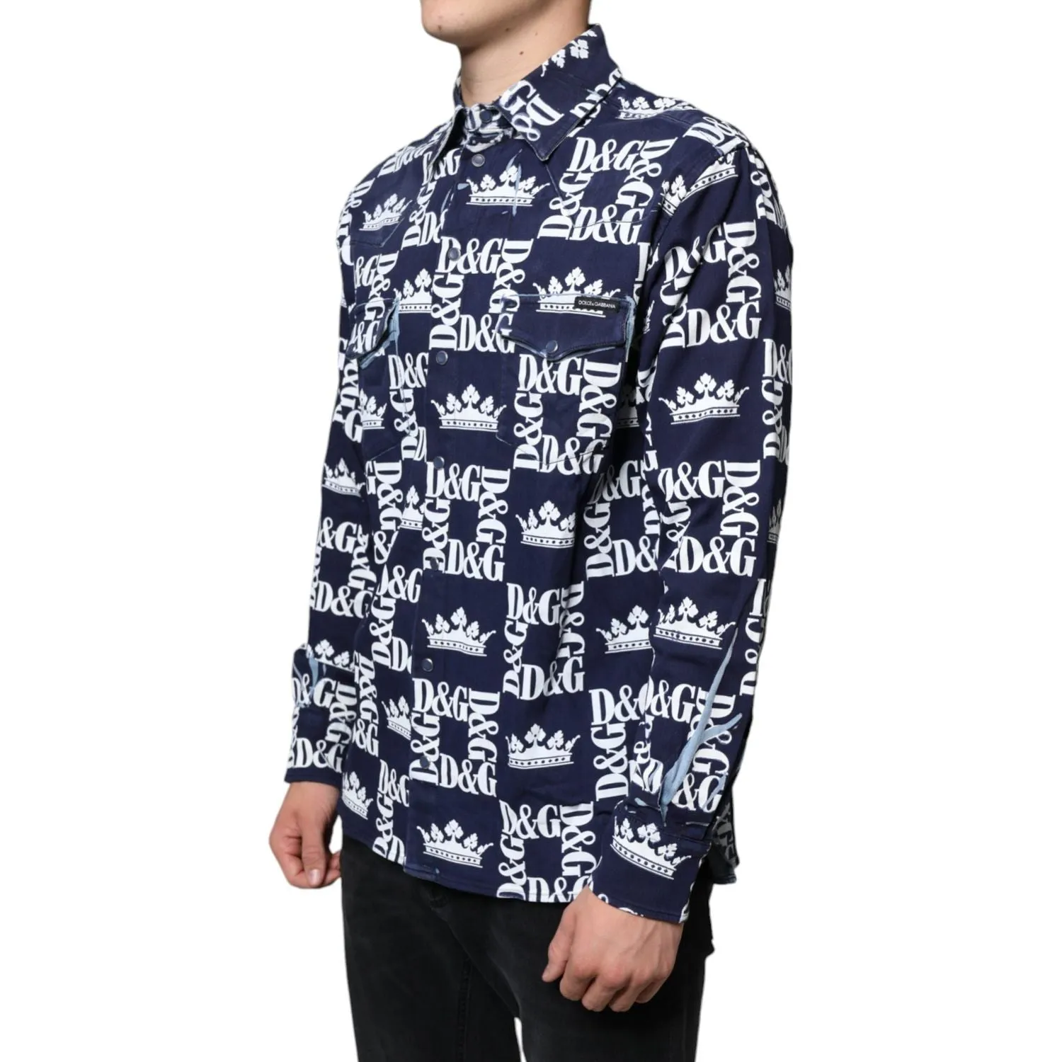 Dolce & Gabbana Blue Crown Logo Print Slim Fit Cotton Shirt