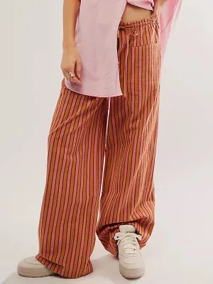 Drawstring Wide Striped Multiple Retro Leisure Loose Baggy Pants