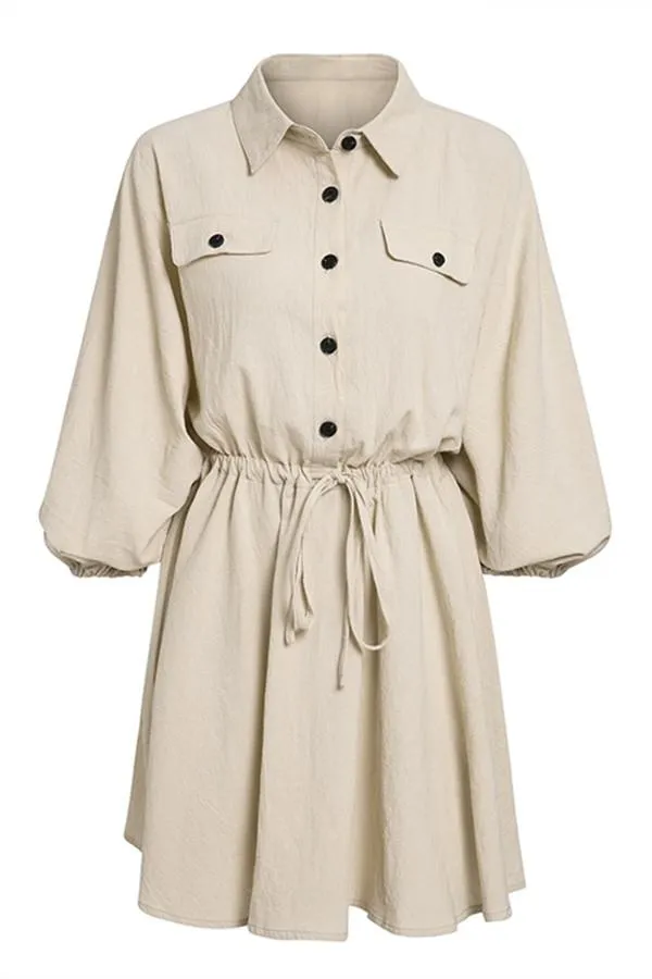 Elegant Linen Lantern Sleeve Shirt Dress