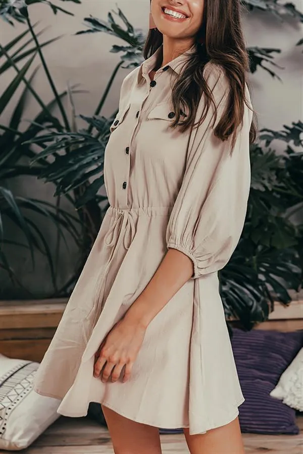 Elegant Linen Lantern Sleeve Shirt Dress