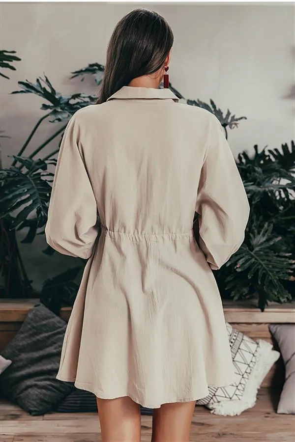 Elegant Linen Lantern Sleeve Shirt Dress