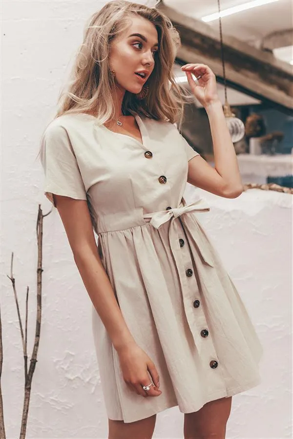 Elegant Linen Lantern Sleeve Shirt Dress