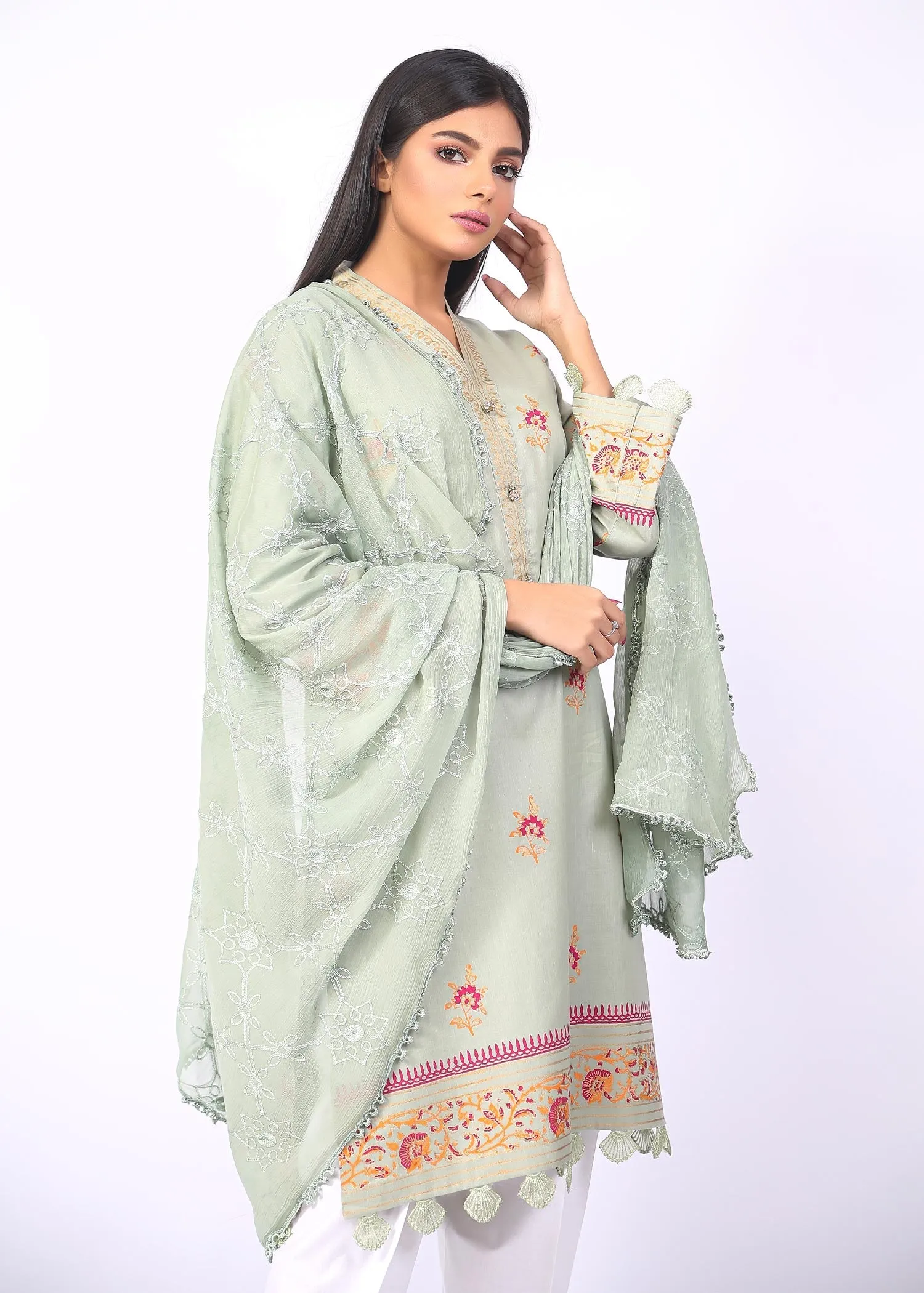 FashionPorters -Unstitched 3 Piece Block Printed Cotton Lawn Light Sage Green Suit SUS22-RY16