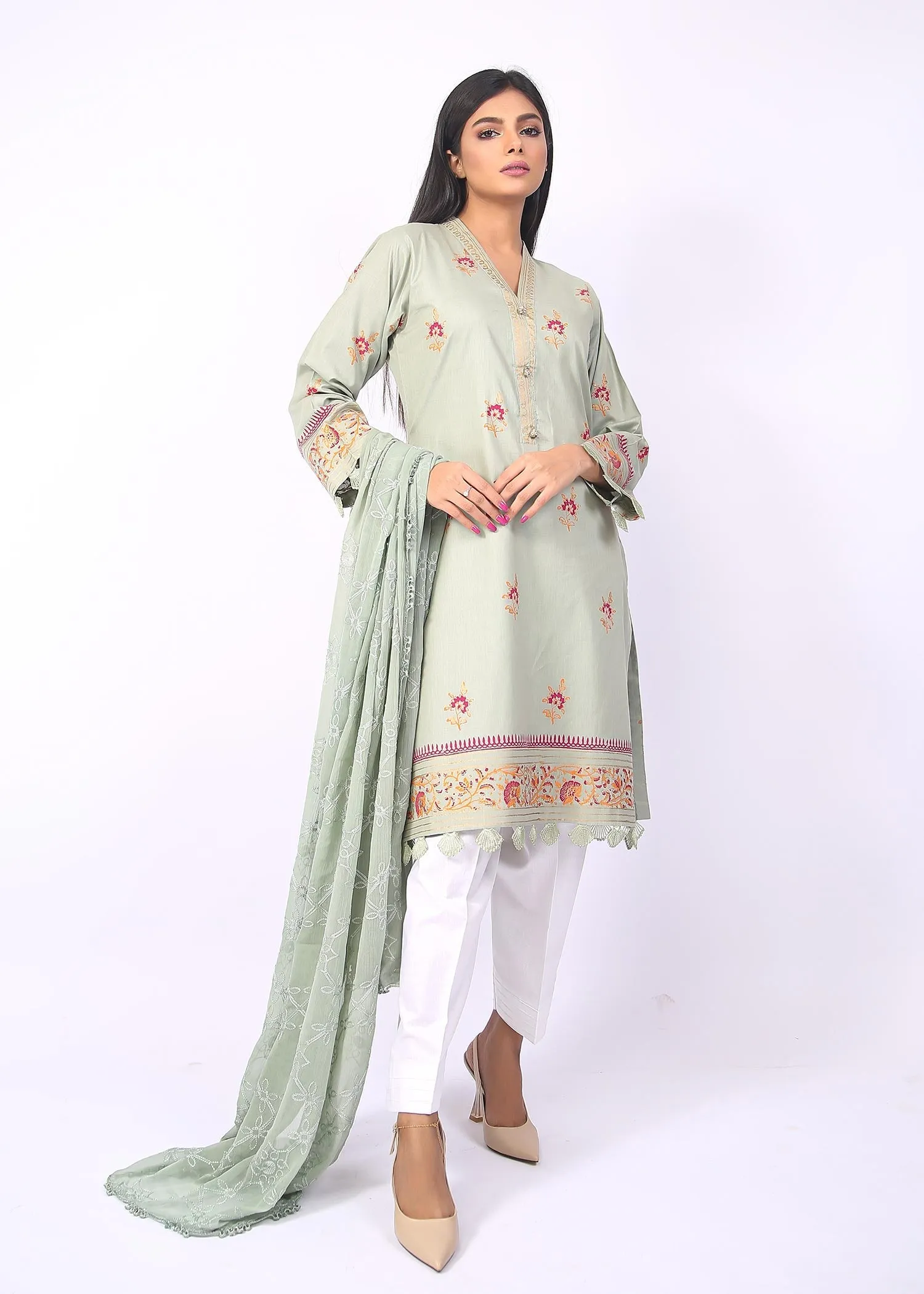 FashionPorters -Unstitched 3 Piece Block Printed Cotton Lawn Light Sage Green Suit SUS22-RY16