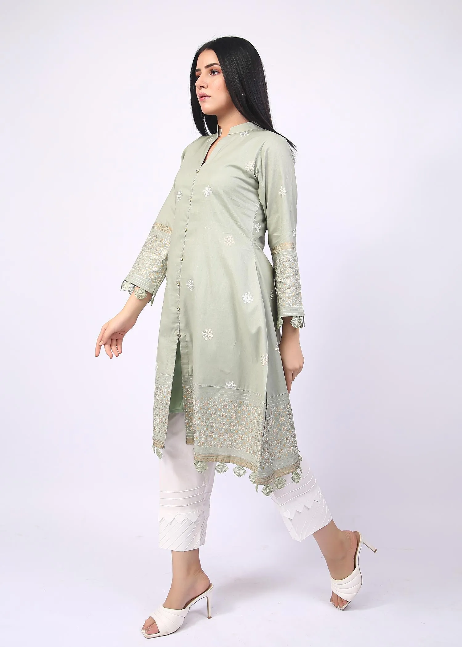 FashionPorters - Unstitched 3 Piece Block Printed Cotton Lawn Light Sage Green Suit SUS22-RY21