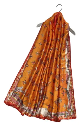 Feather & Floral Print Silk Scarf - Orange