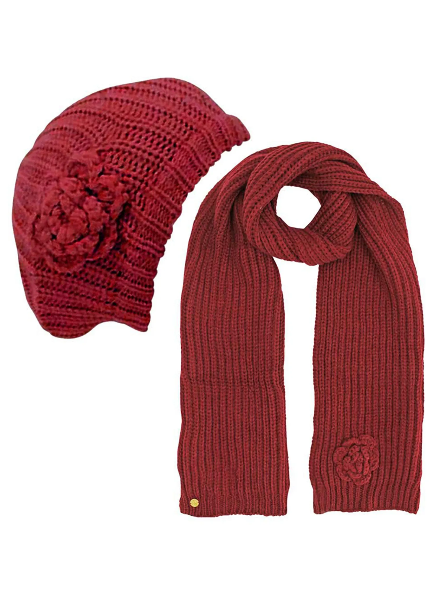 Feminine Rosette Knit Beret Hat & Scarf Set