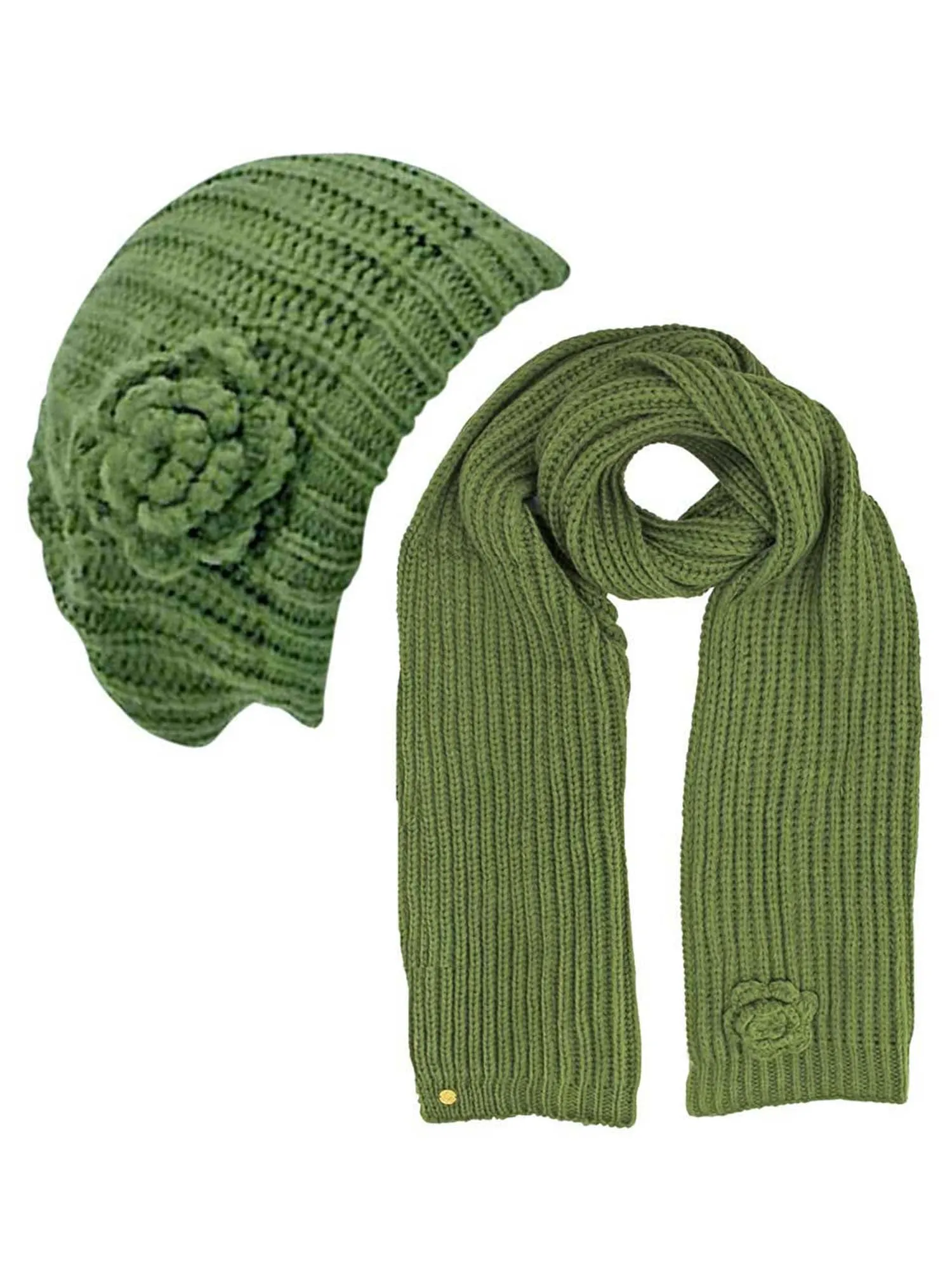 Feminine Rosette Knit Beret Hat & Scarf Set