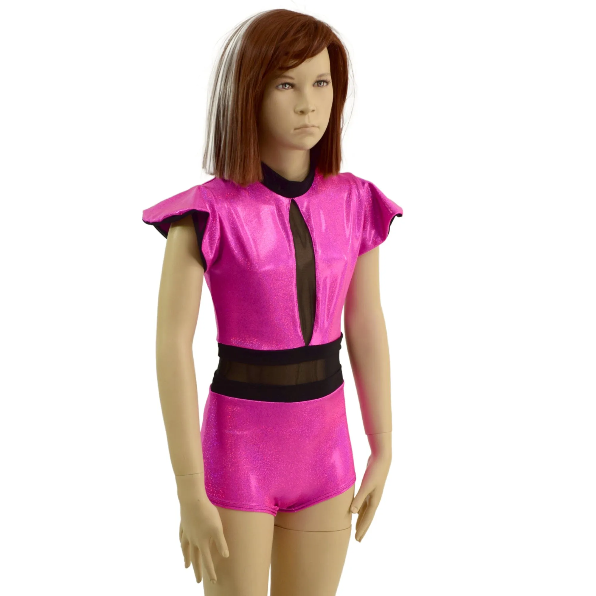 Girls Neon Pink Romper with Inset Keyhole and Mesh Waistband