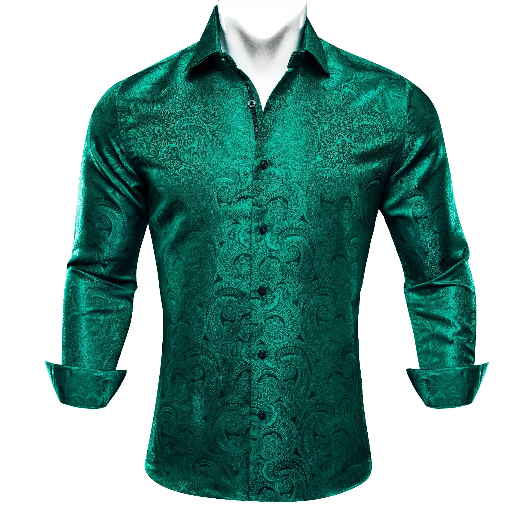 Green Paisley Silk Men's Casual Business Long Sleeve Shirt