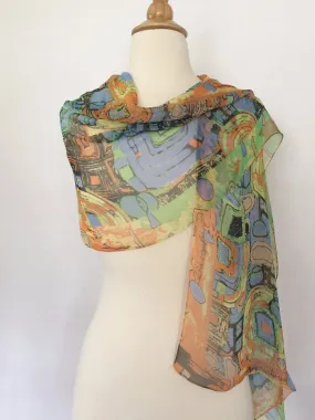 Gustav Klimt Abstract Scarf - Blue/Orange/Green/Gold