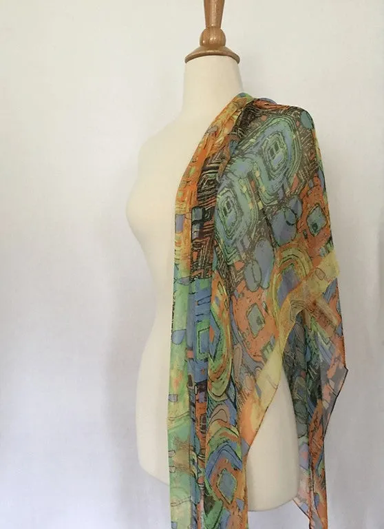 Gustav Klimt Abstract Scarf - Blue/Orange/Green/Gold