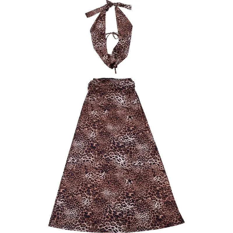 Halter deep v neck leopard print maxi skirt set