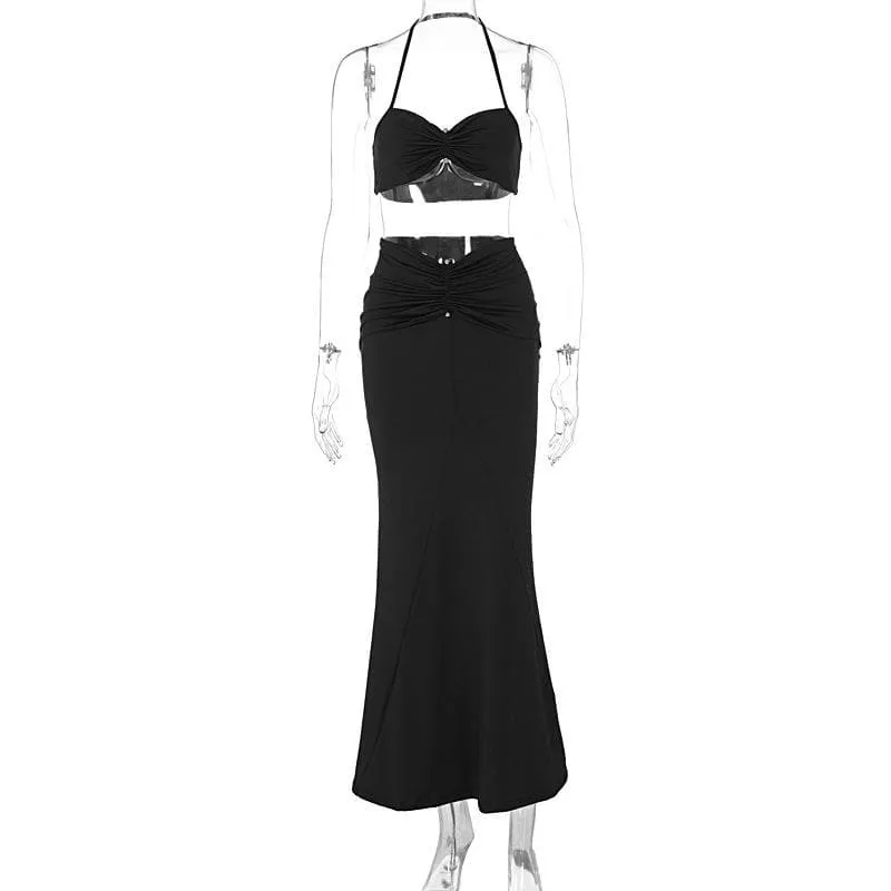 Halter sweetheart neck ruched maxi skirt set