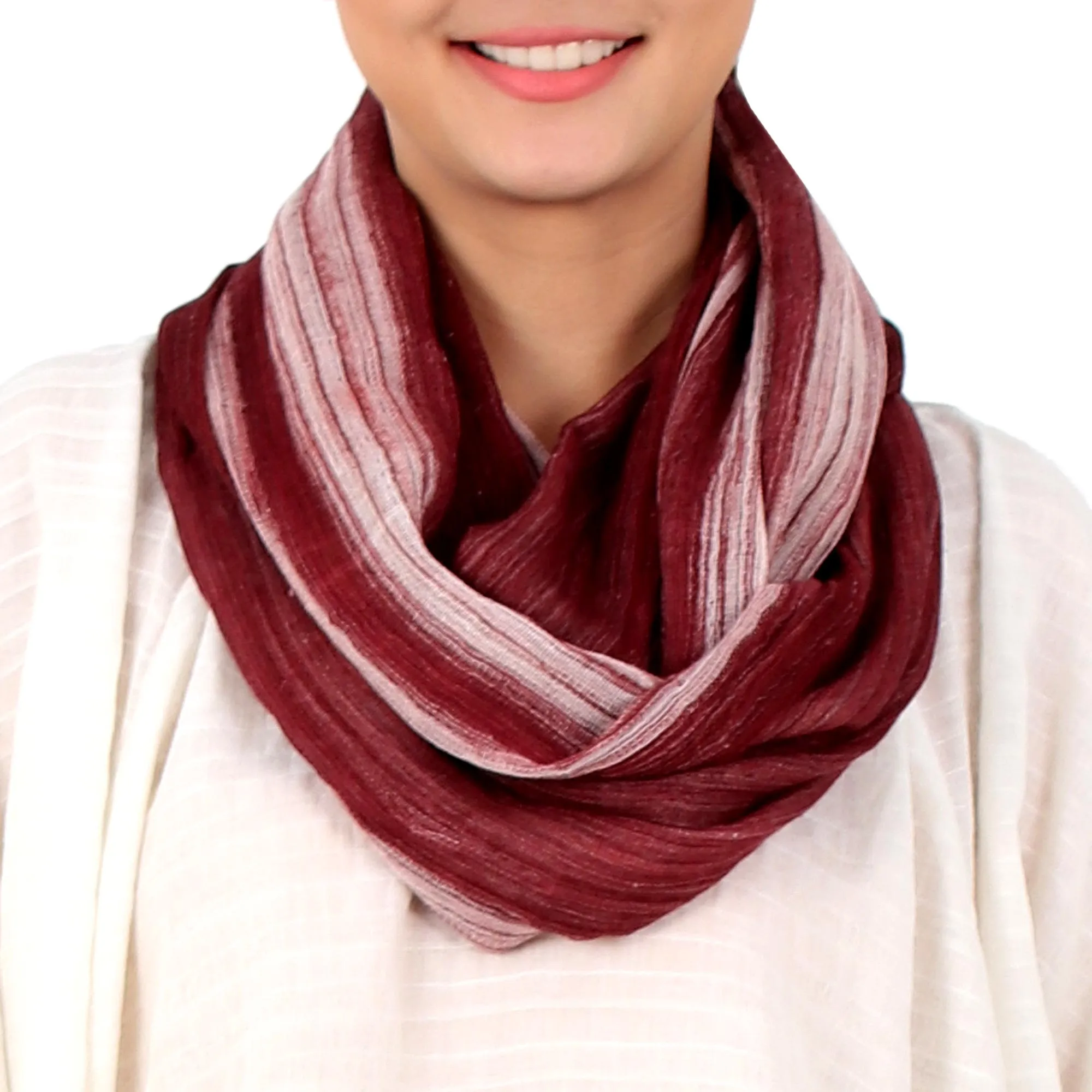 Hand Woven 100% Cotton Infinity Scarf from Thailand - Burgundy Horizon | NOVICA