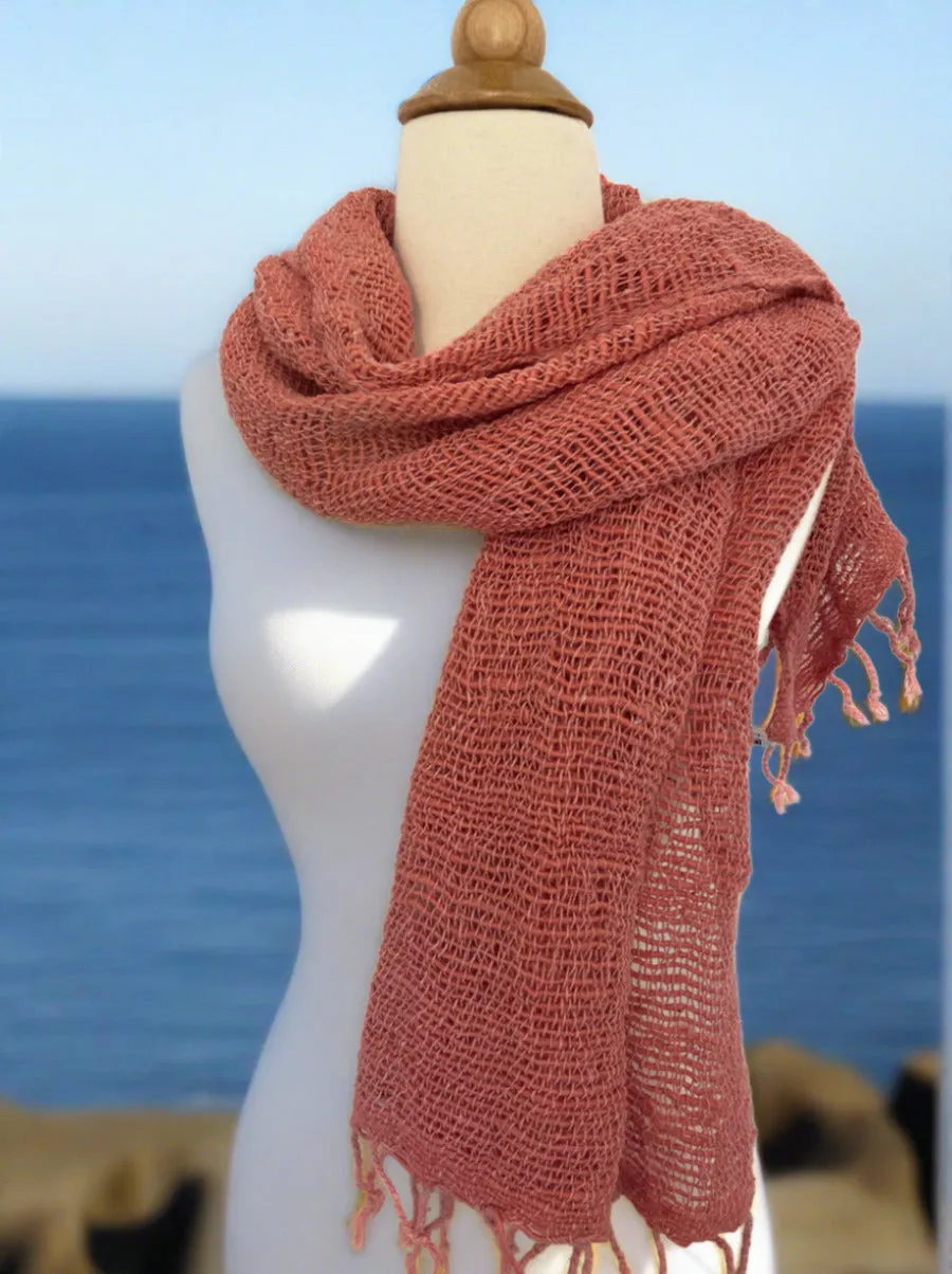 Handwoven Open Weave Cotton Scarf - Salmon