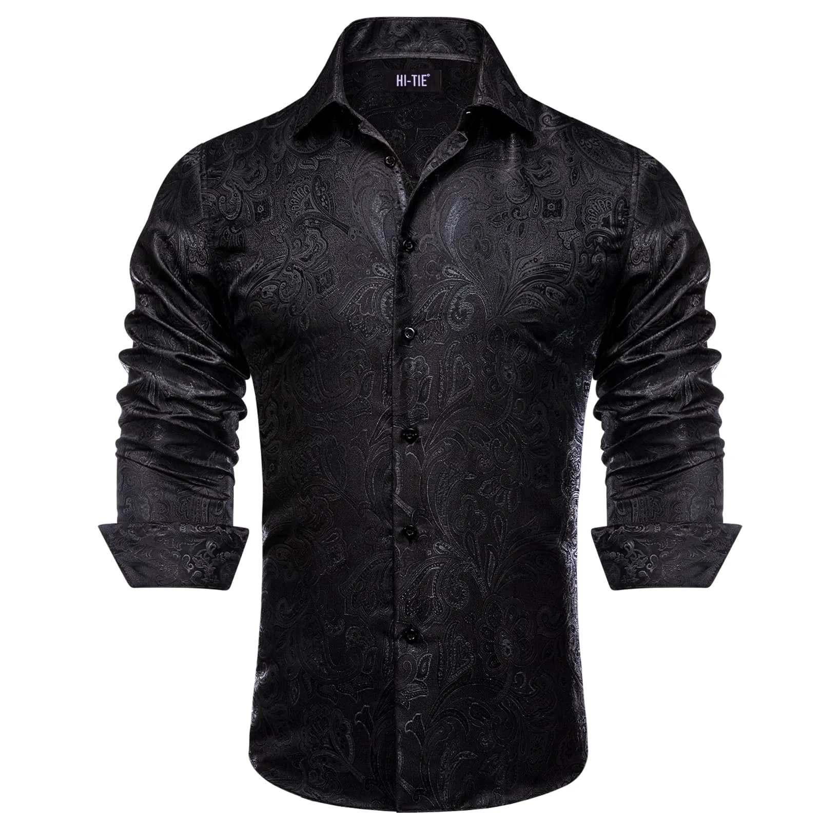 Hi-Tie Paisley Jacquard Men Shirt Long Sleeve Black Shirt for Business