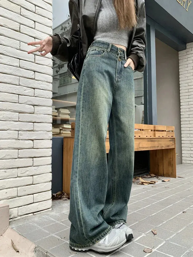 High Waist Retro Women's Fashion Y2k Streetwear Washed Straight Wide Leg 2024 New Jeans