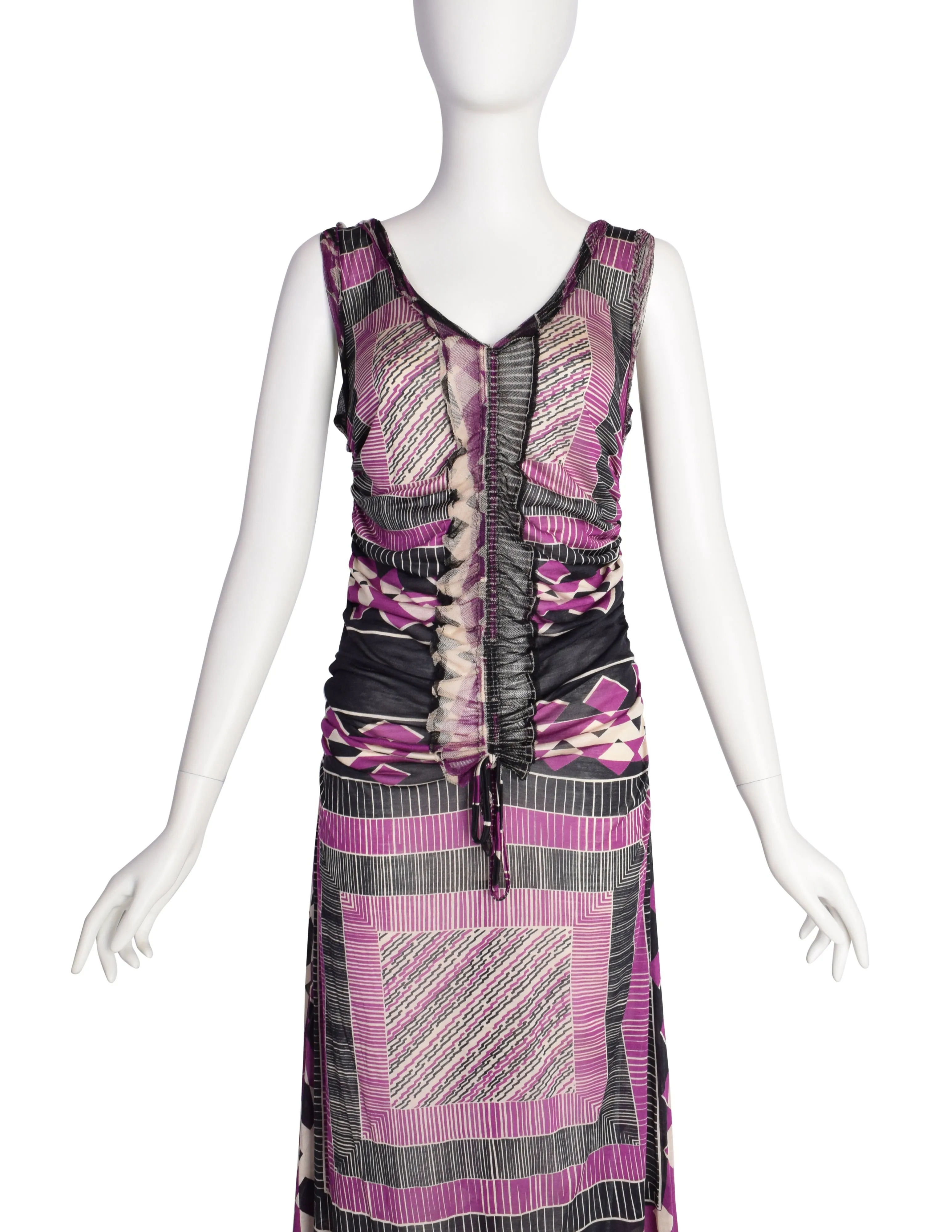 Jean Paul Gaultier Vintage Purple Black Geometric Print Ruched Silk Jersey Dress