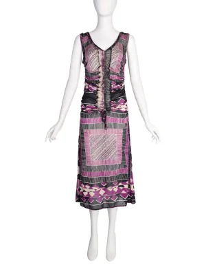 Jean Paul Gaultier Vintage Purple Black Geometric Print Ruched Silk Jersey Dress