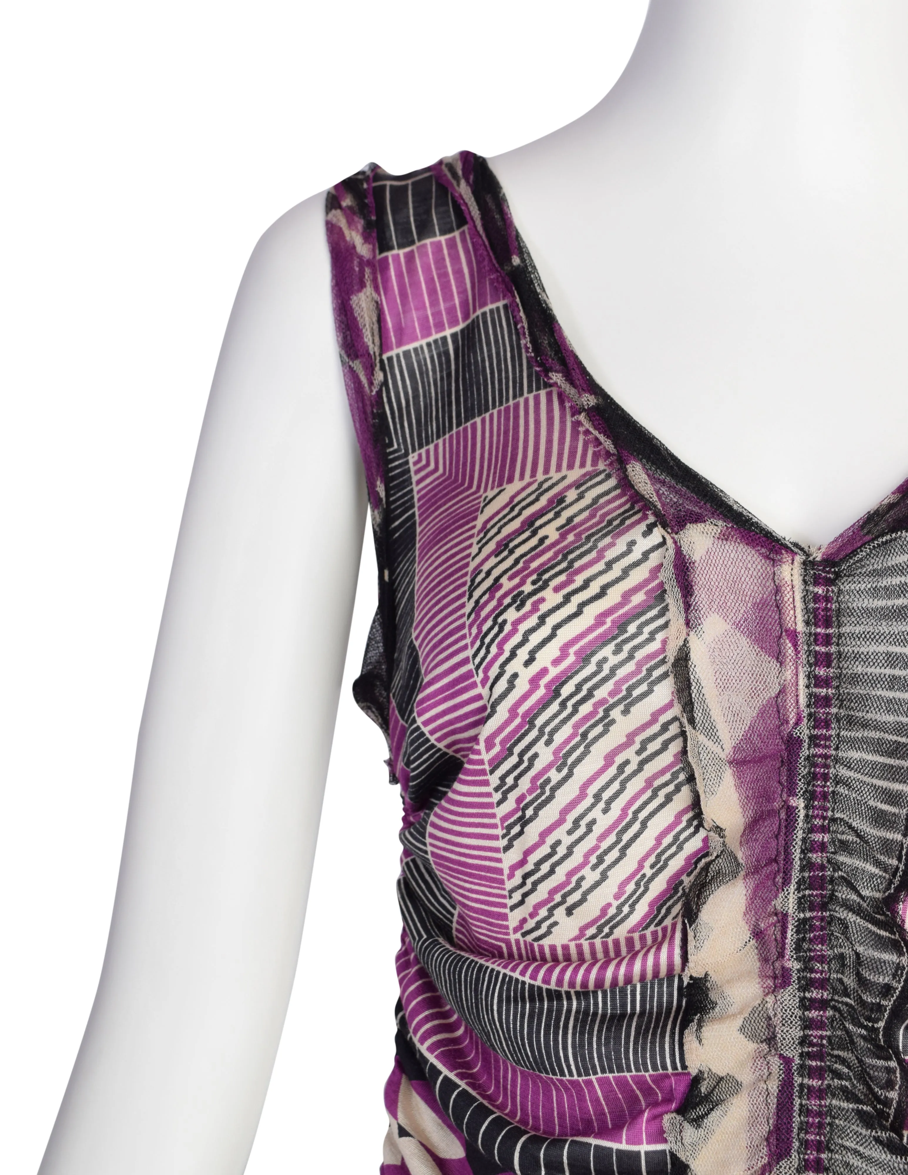 Jean Paul Gaultier Vintage Purple Black Geometric Print Ruched Silk Jersey Dress