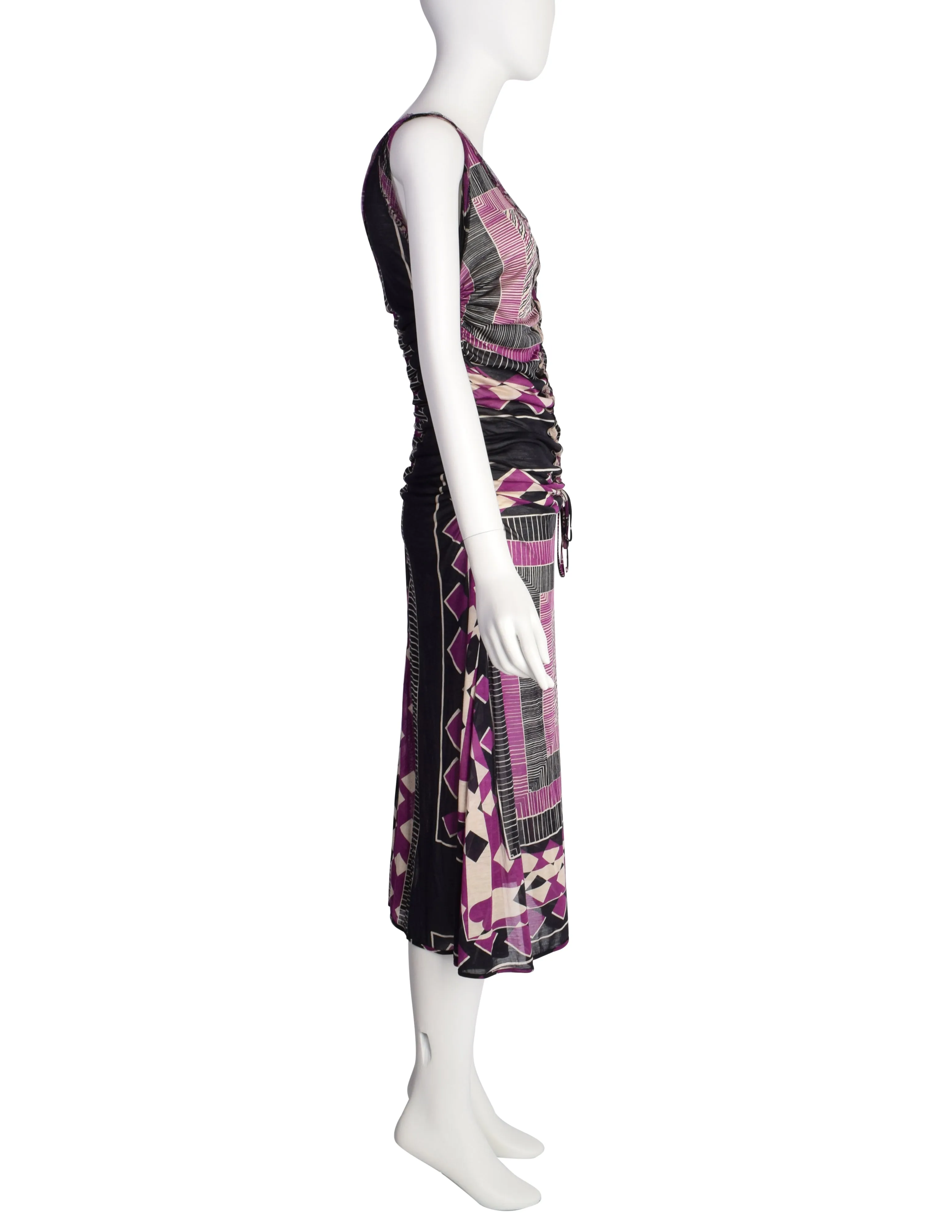 Jean Paul Gaultier Vintage Purple Black Geometric Print Ruched Silk Jersey Dress