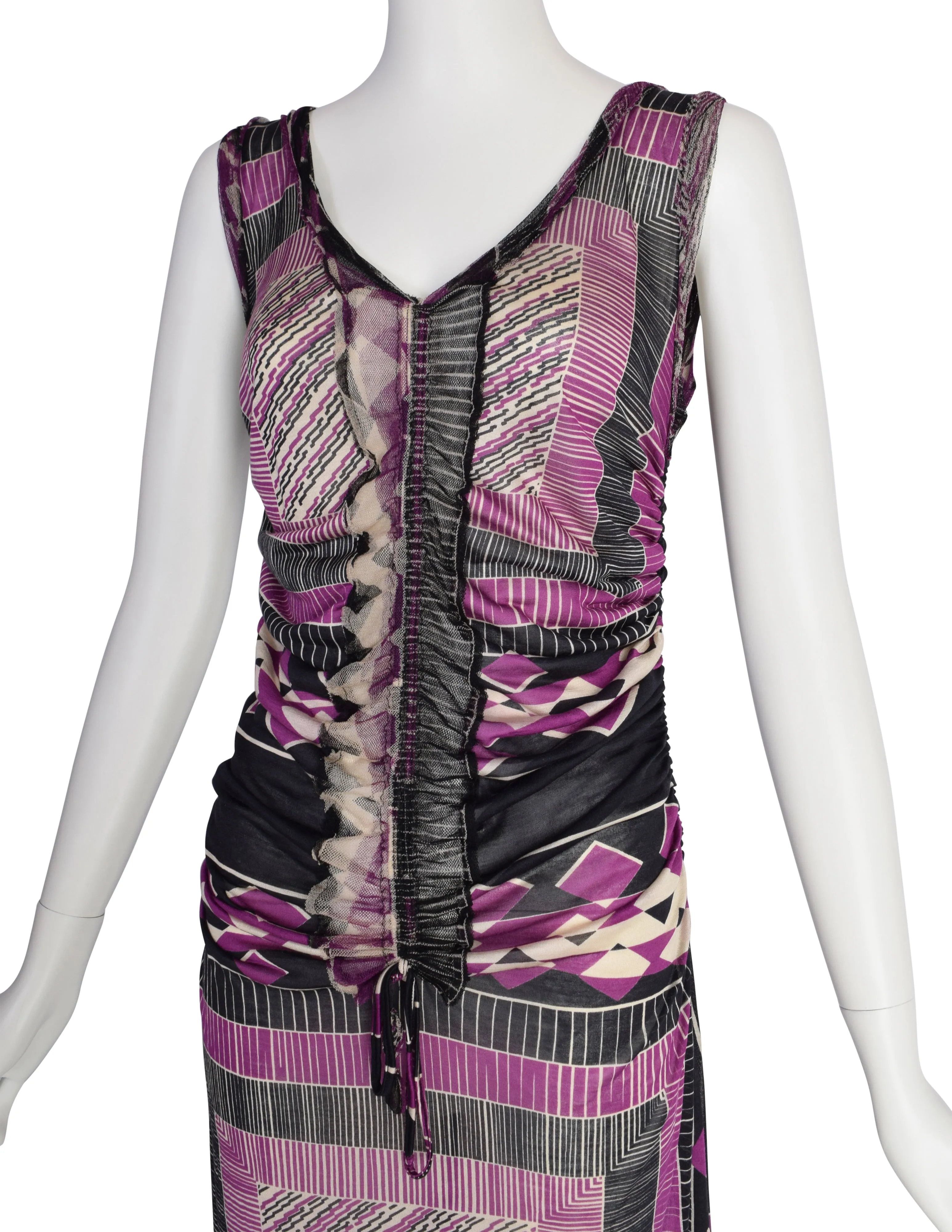 Jean Paul Gaultier Vintage Purple Black Geometric Print Ruched Silk Jersey Dress