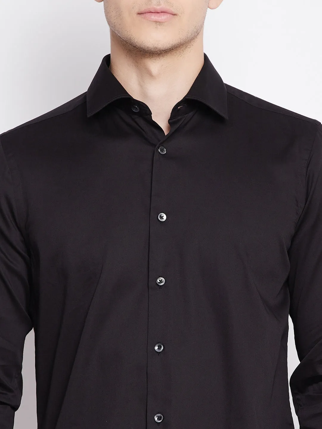 Jet Black Satin Cotton Dress Shirt