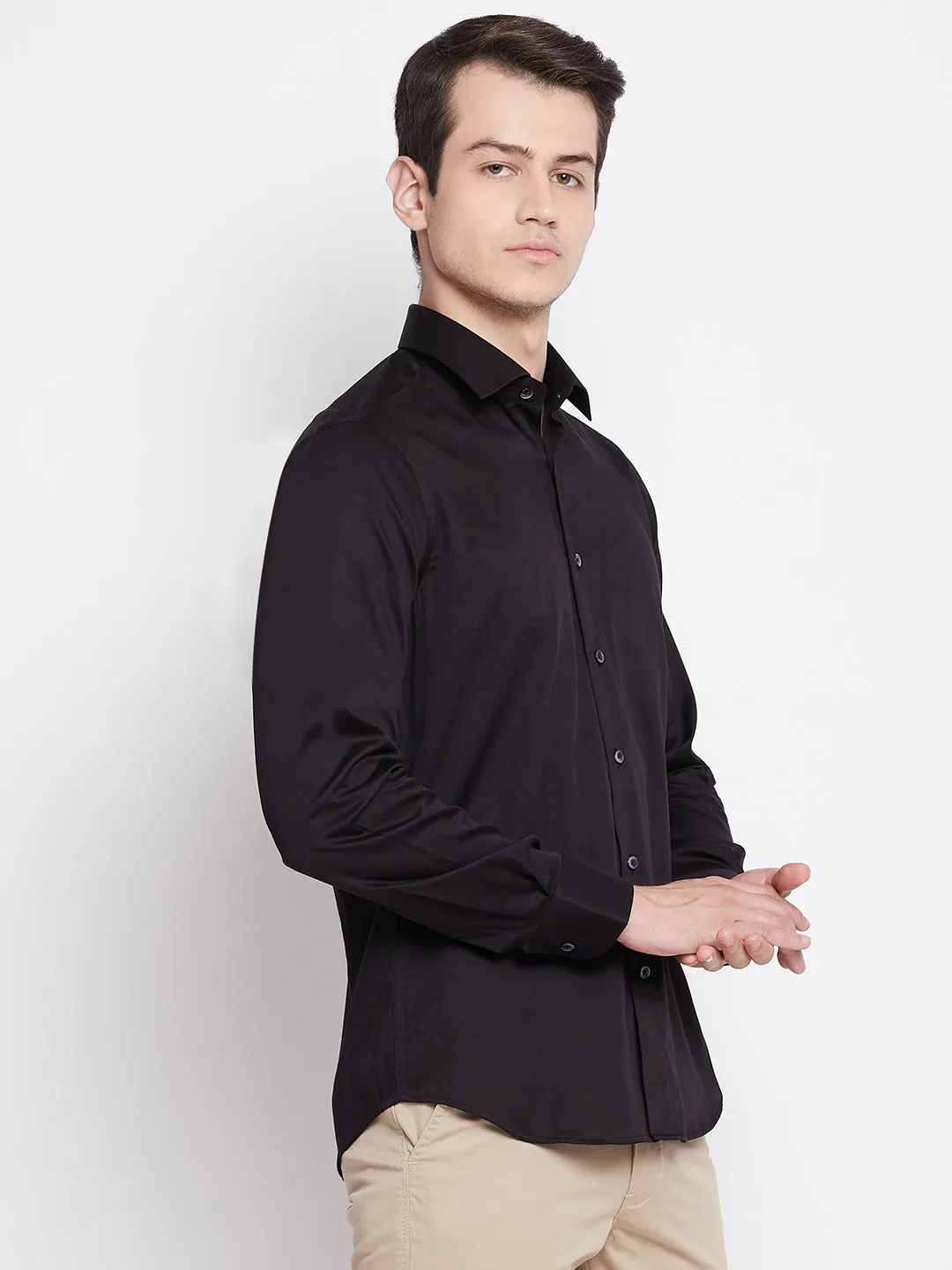 Jet Black Satin Cotton Dress Shirt