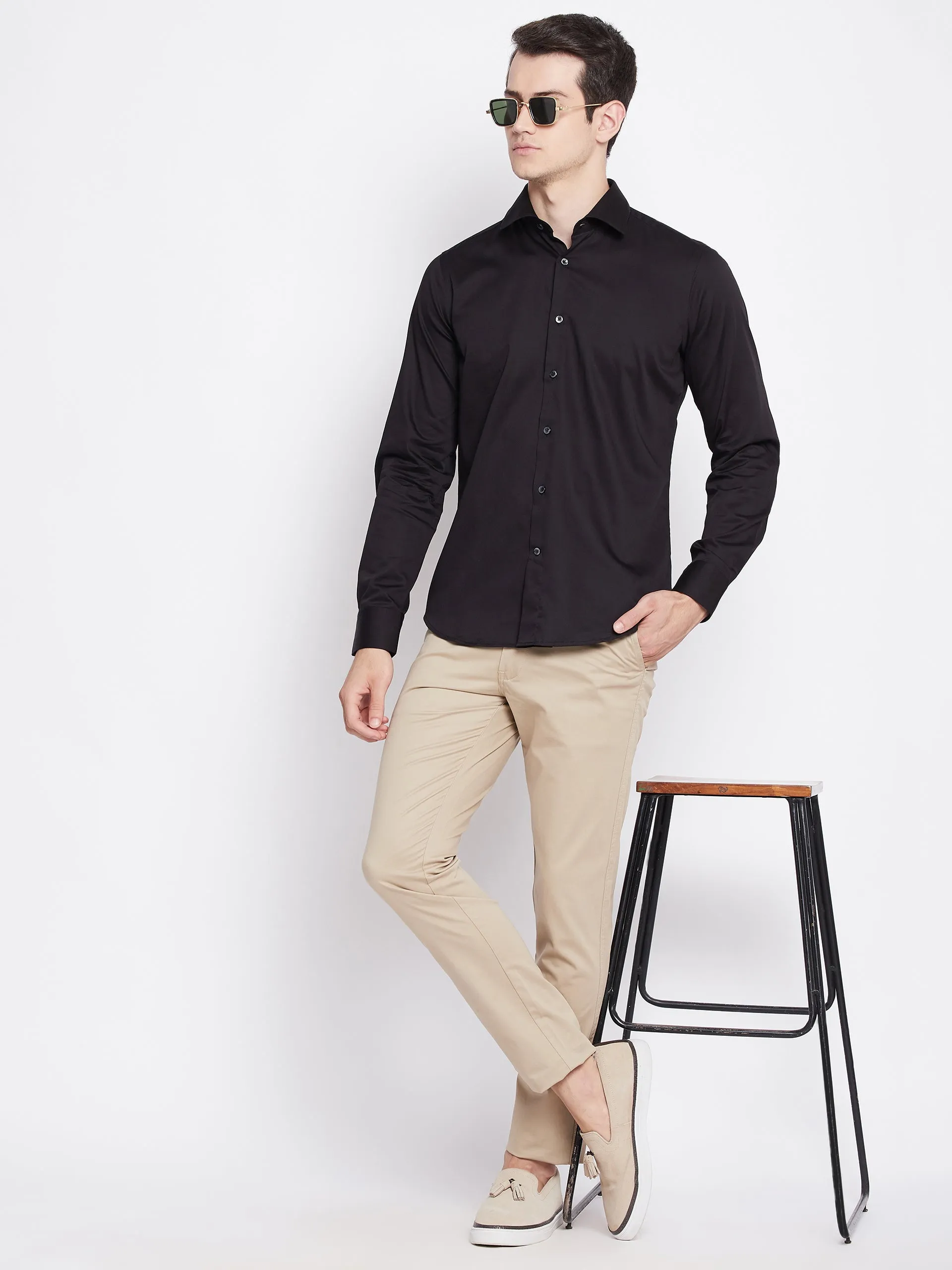 Jet Black Satin Cotton Dress Shirt