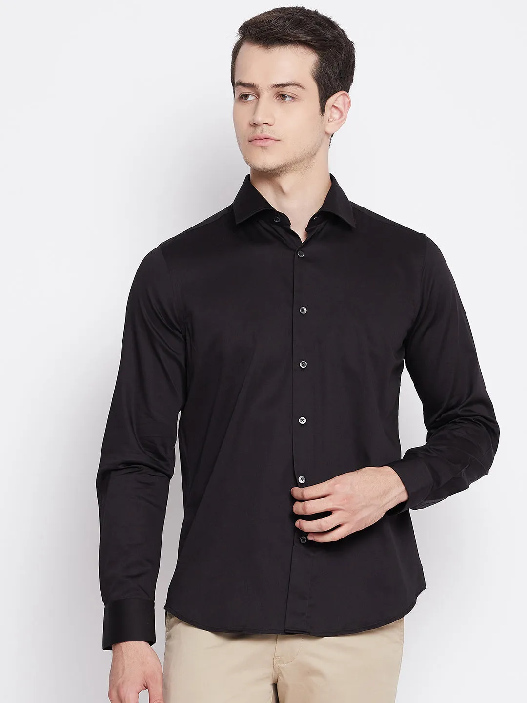 Jet Black Satin Cotton Dress Shirt