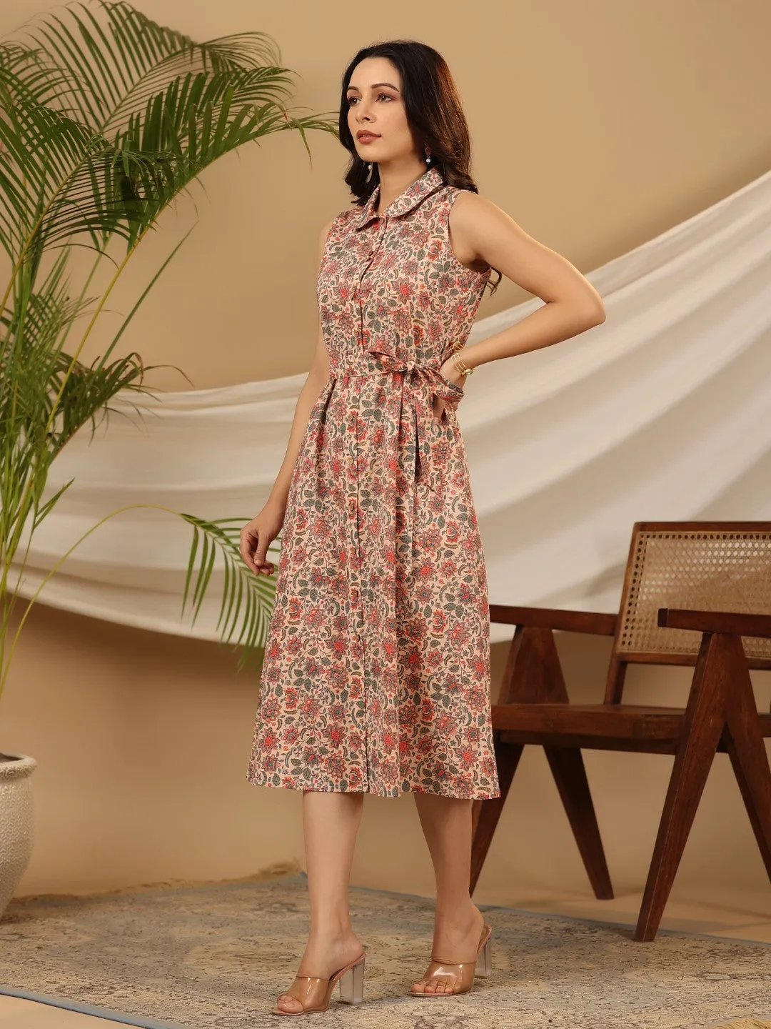 Juniper Peach Floral Printed Pure Cotton A-line Dress